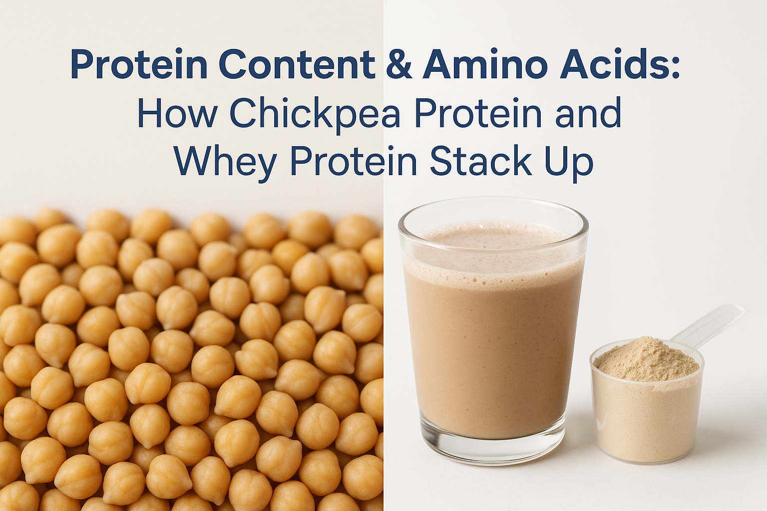 A side-by-side image featuring chickpeas and a glass of whey protein shake, with text comparing their protein content and amino acids.