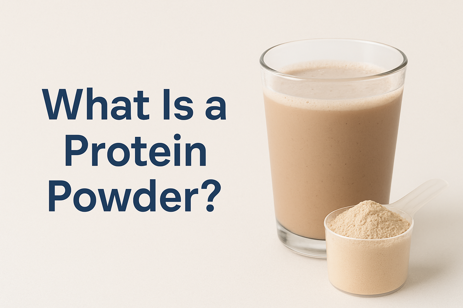 A glass of chocolate protein shake beside a scoop of protein powder, with the text What Is a Protein Powder? in bold letters.