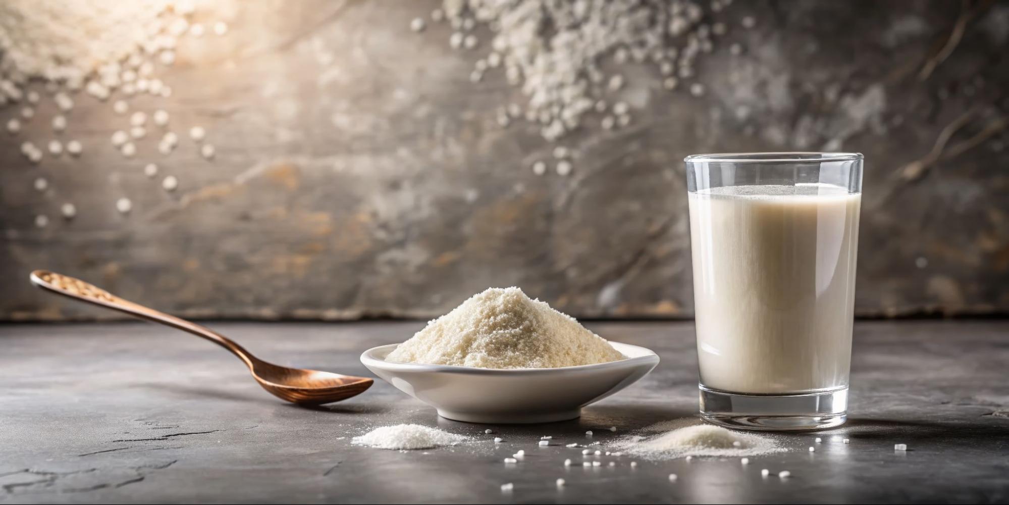 Closeup of a Glass of Collagen with Spoon Against a Concrete Background, Highlighting the Texture and Richness of the Supplement in a Soft Bokeh Effect.