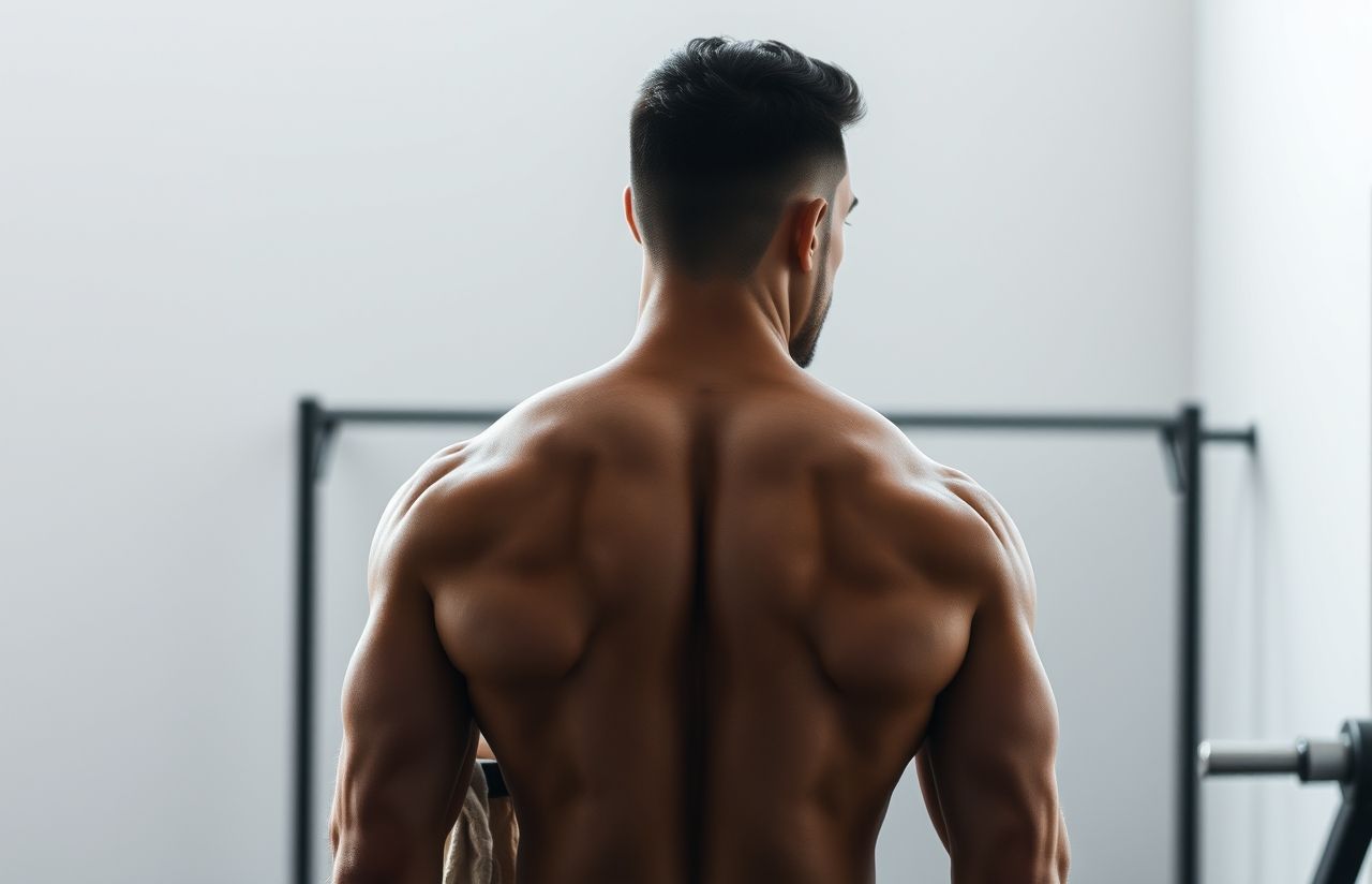 A muscular man stands with his back to the camera, showcasing defined back muscles in a slightly dim gym setting.