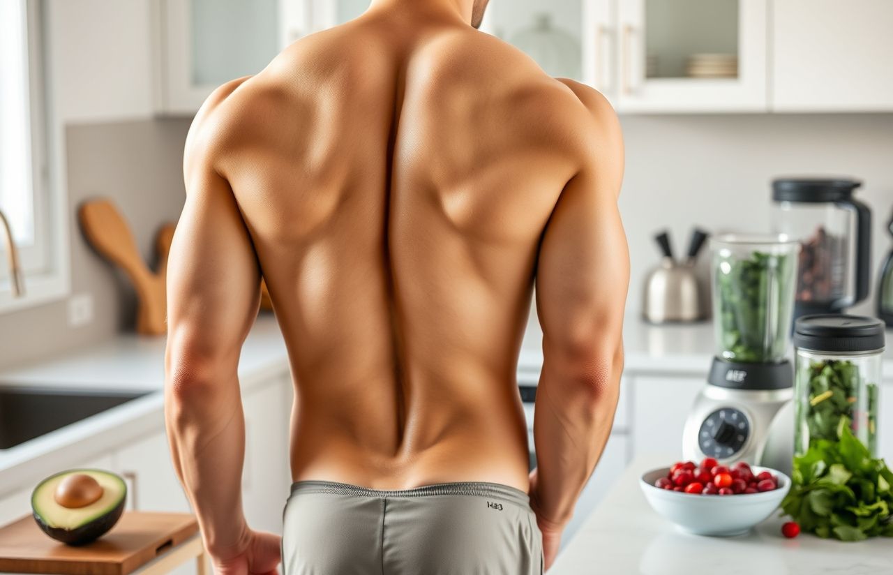 Muscular man with a toned back stands in a bright kitchen, surrounded by fresh ingredients like avocado, berries, and leafy greens.