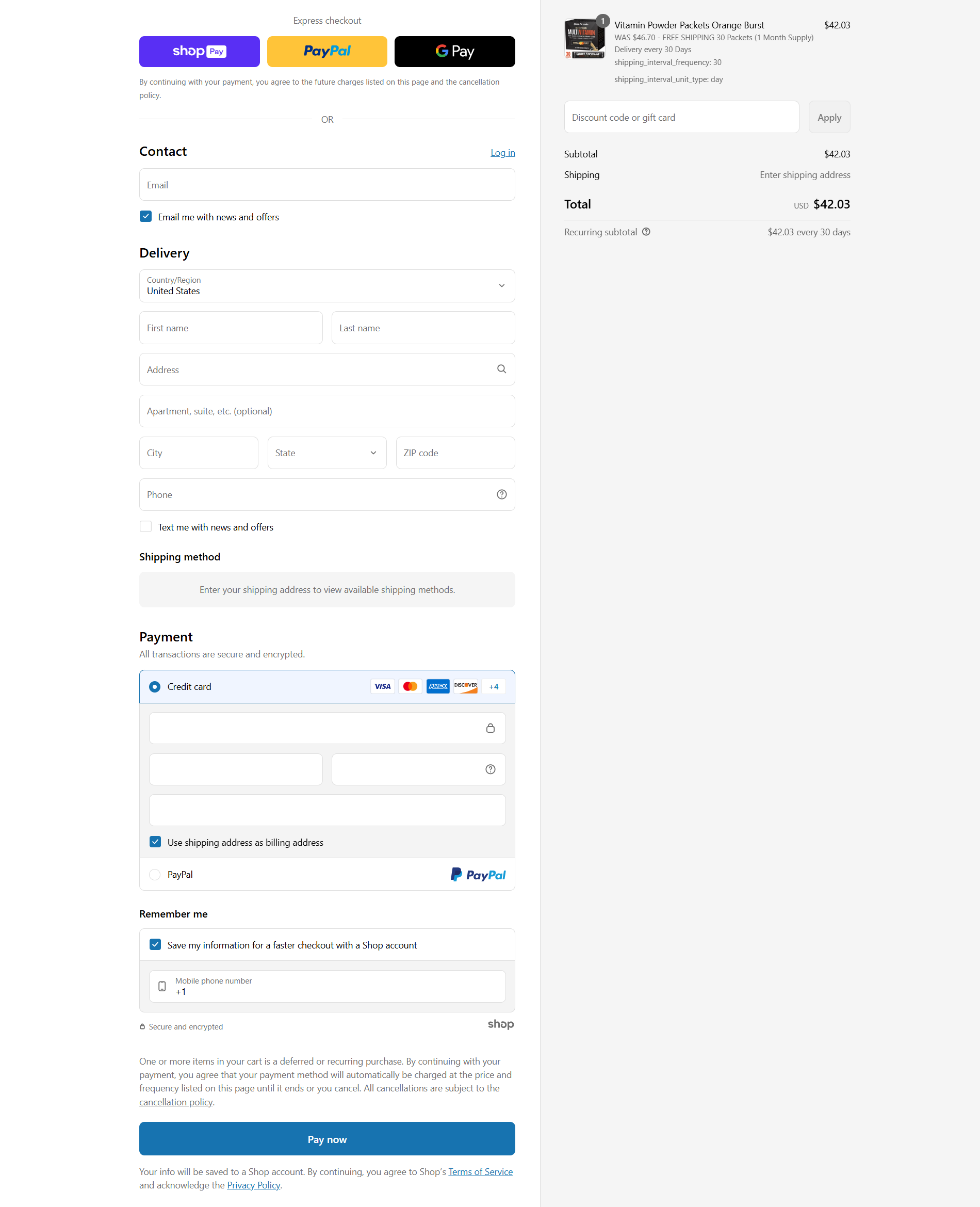 Screenshot of an online checkout page for Vitamin Powder Packets, showing subtotal, delivery info, payment options, and order summary.