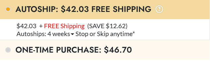 Comparison of pricing options: Autoship at $42.03 with free shipping (save $12.62) versus one-time purchase at $46.70 in product packets sport formula.