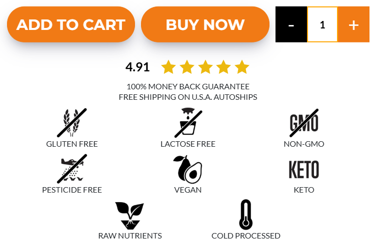 Image features a product selection interface, highlighting vegan, gluten-free, non-GMO, keto, and cold-processed attributes with a 4.91 rating sport formula.