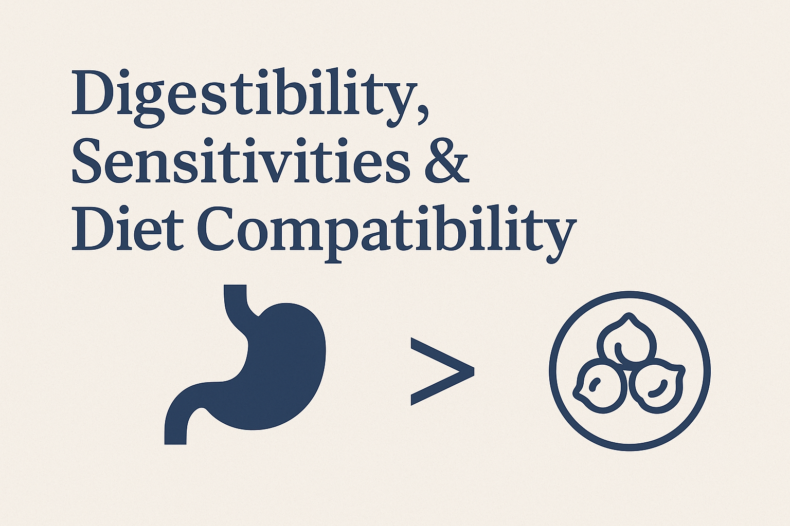 Illustration showing a stomach icon with text emphasizing the importance of digestibility and diet compatibility over certain food types.