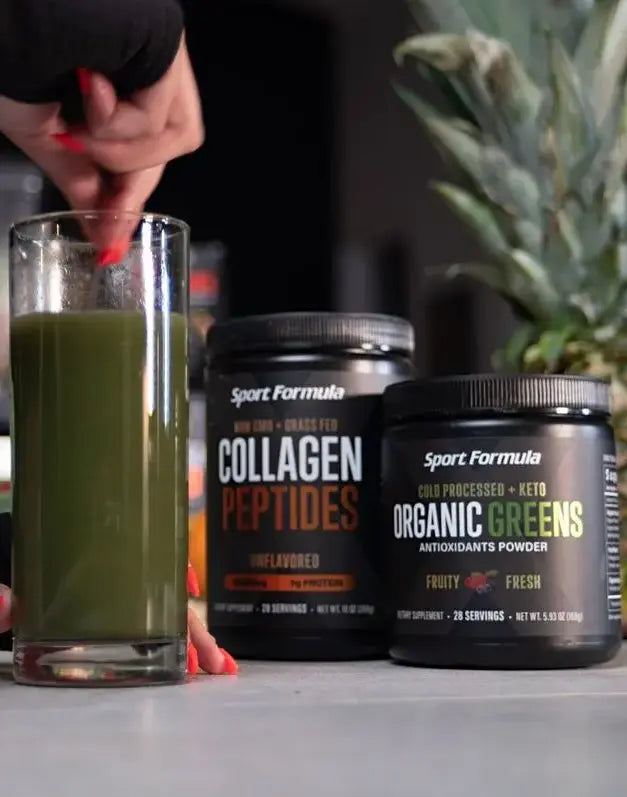 Sport formula products including collagen peptides, and organic greens
