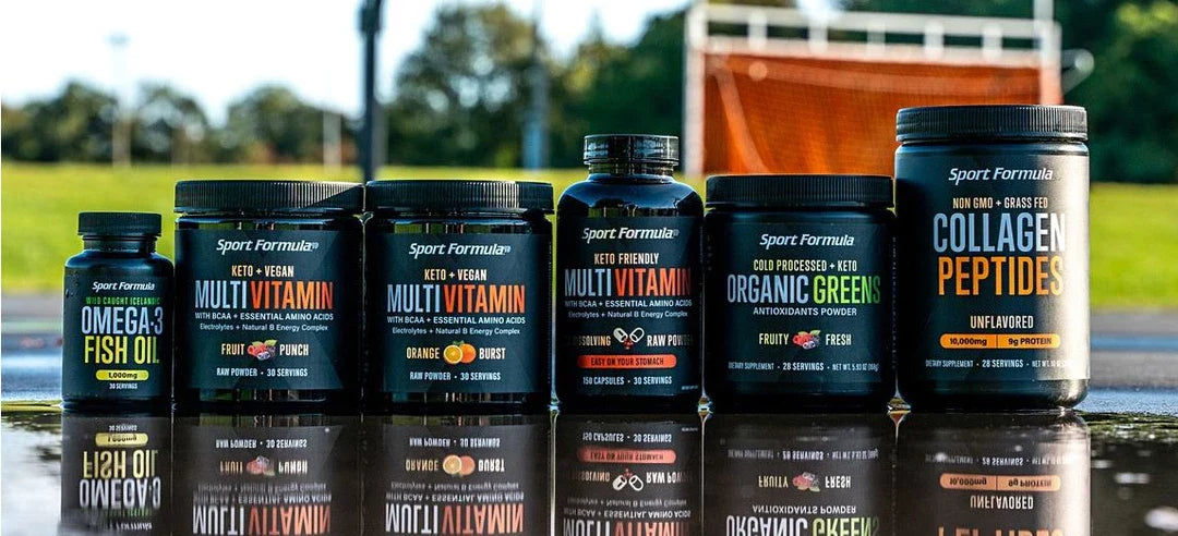 Collagen peptides, organic greens, multivitamin capsules, fish oil, and two types of multivitamin tubs: Orange Burst and Fruit Punch.