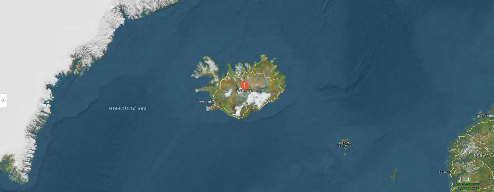 Map showing the location of Iceland in the North Atlantic Ocean.