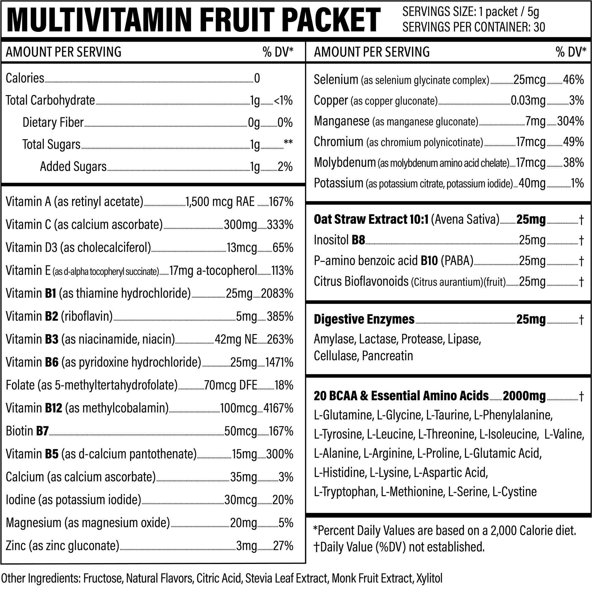 Nutritional label for a multivitamin fruit packet, listing vitamins, minerals, amino acids, and other ingredients per serving.