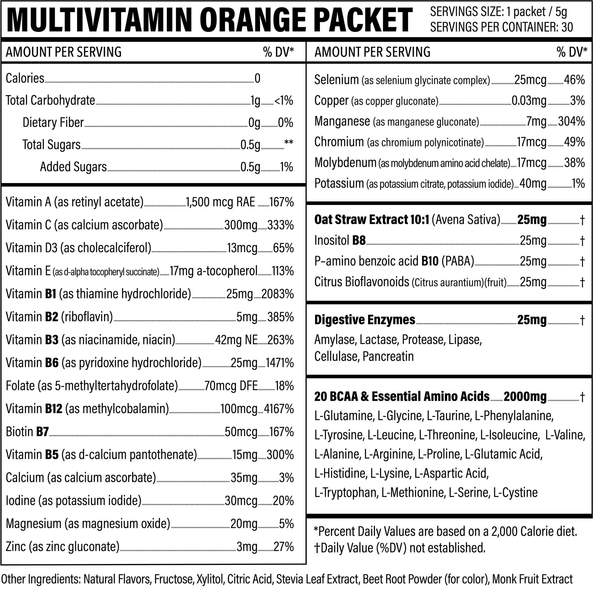 Nutritional label for a multivitamin orange packet, listing vitamins, minerals, amino acids, and other ingredients per serving.