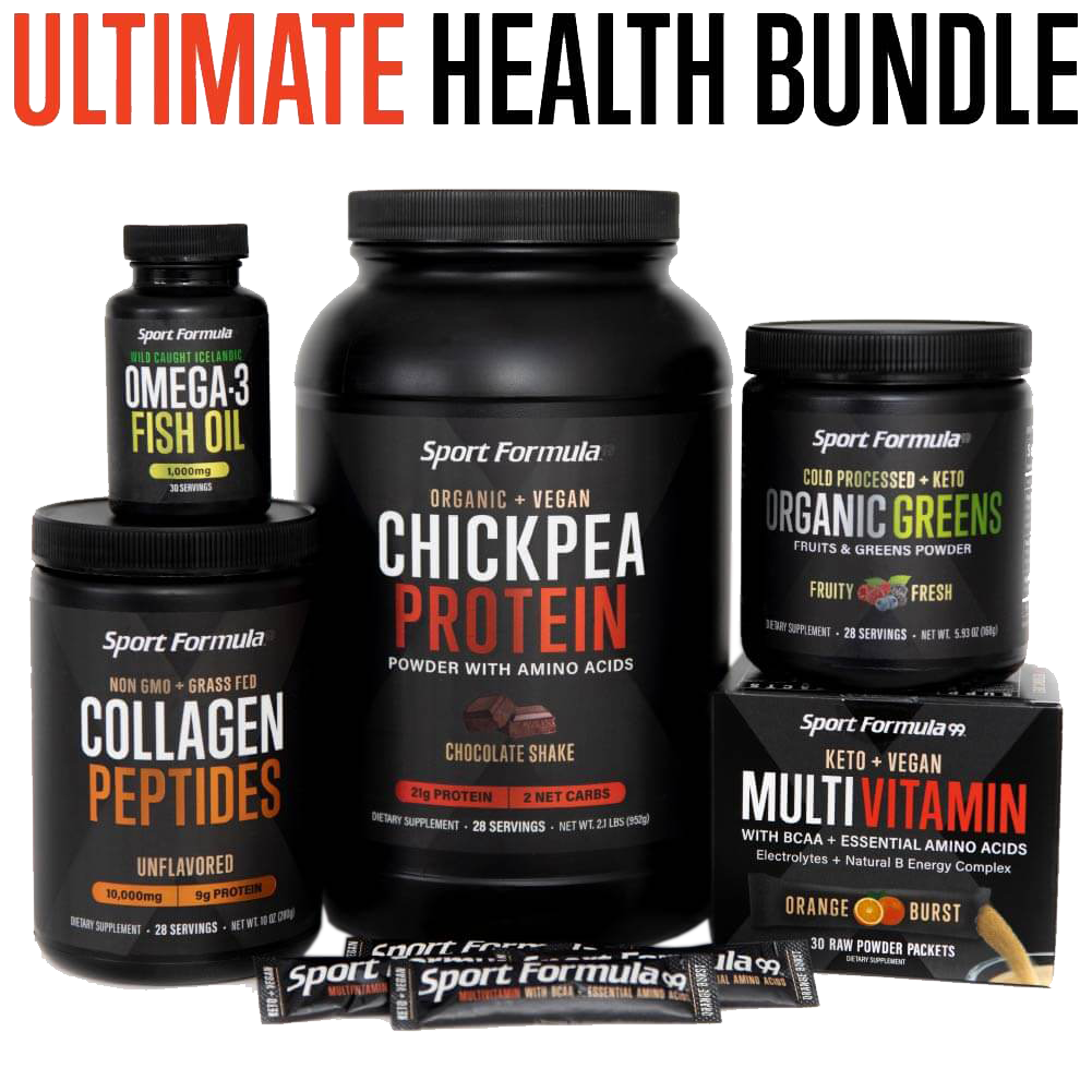 Ultimate health bundle featuring fish oil, organic greens, chickpea powder, collagen peptides, and multivitamin packets.