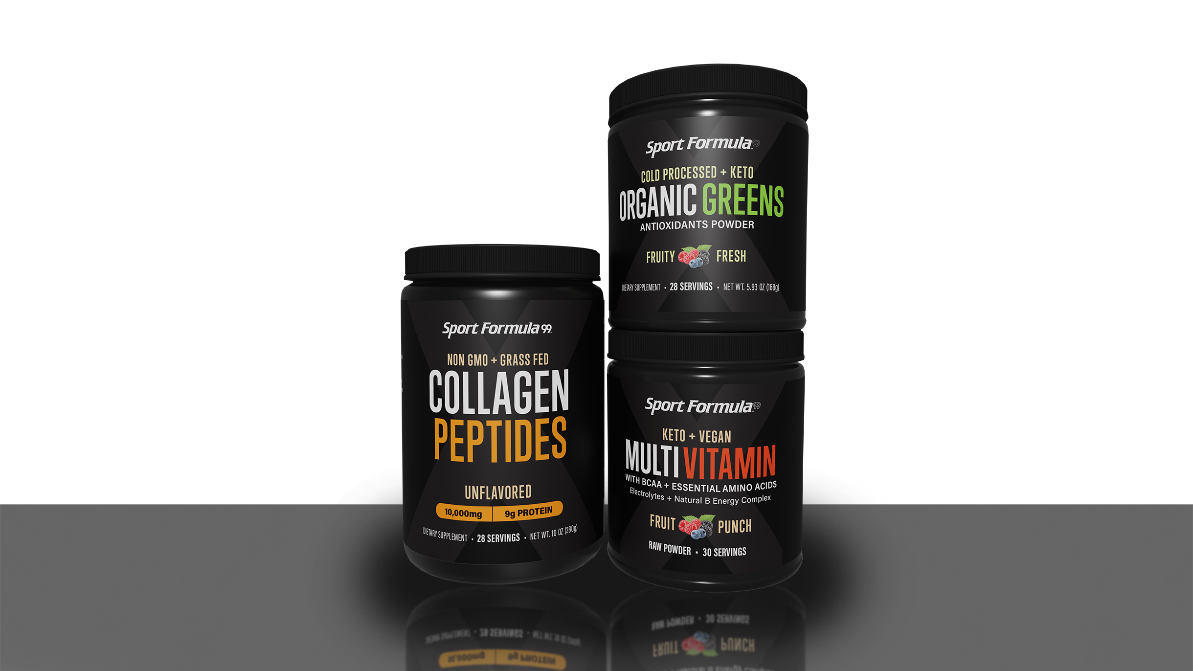 Three black supplement jars labeled Collagen Peptides, Organic Greens, and Multi Vitamin arranged with Anti-Aging Health Bundle above.