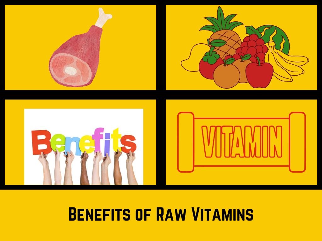 A collection of fresh fruits or raw food and benefits alongside raw multivitamin, illustrating the natural benefits of raw vitamins for health and wellness.