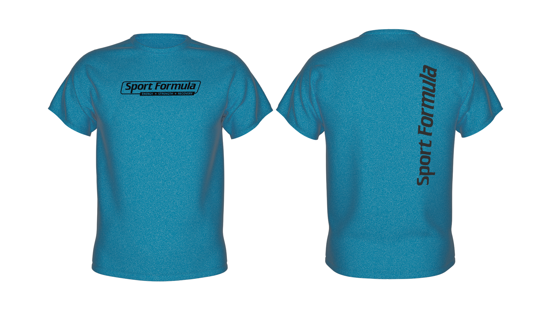 A vibrant blue t-shirt featuring Sport Formula logo front and back, with the tagline Energy + Strength + Recovery displayed.