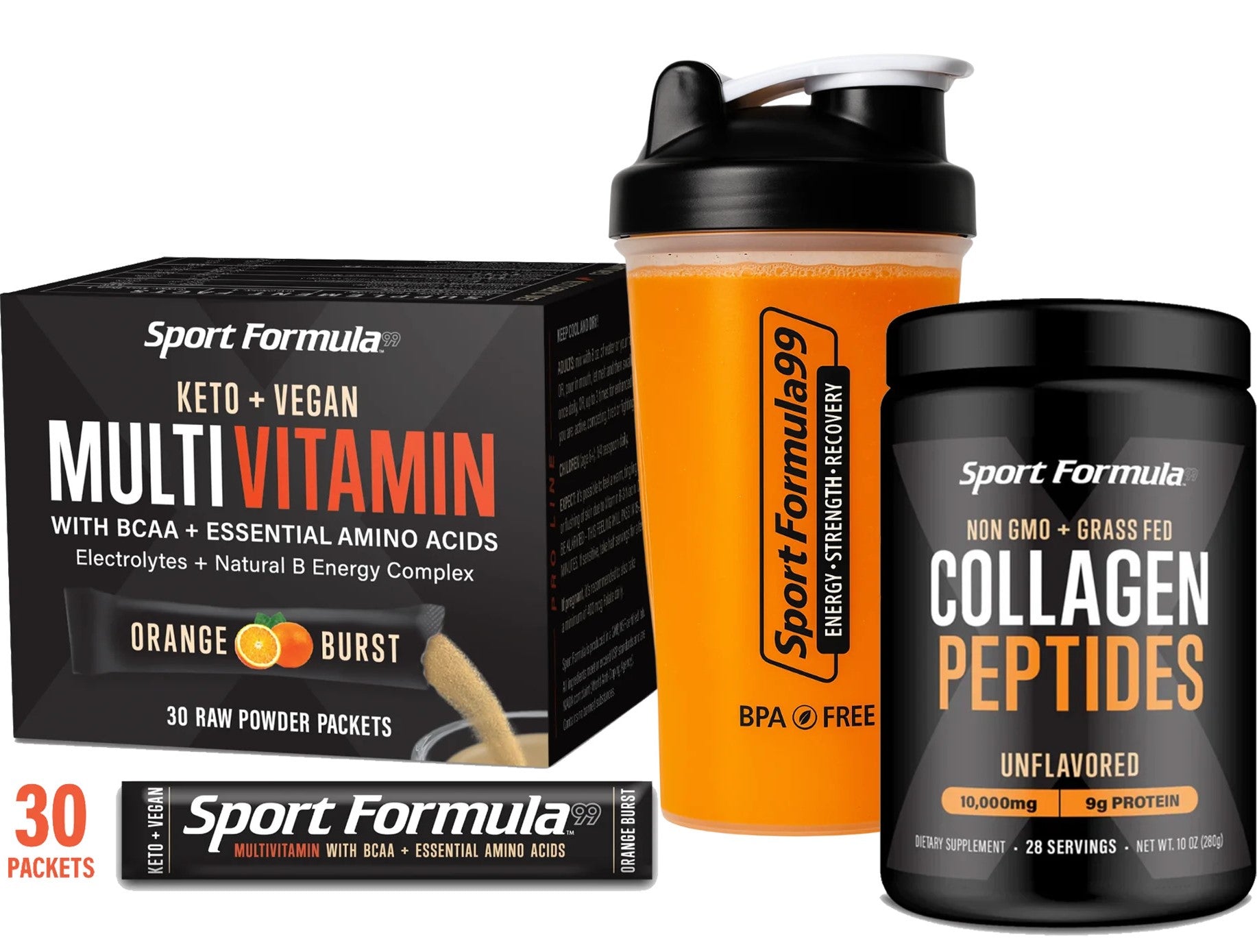 Bundle Sport Formula products: Keto + Vegan Multivitamin packet, orange powder shaker, and unflavored Collagen Peptides container, all displayed together.
