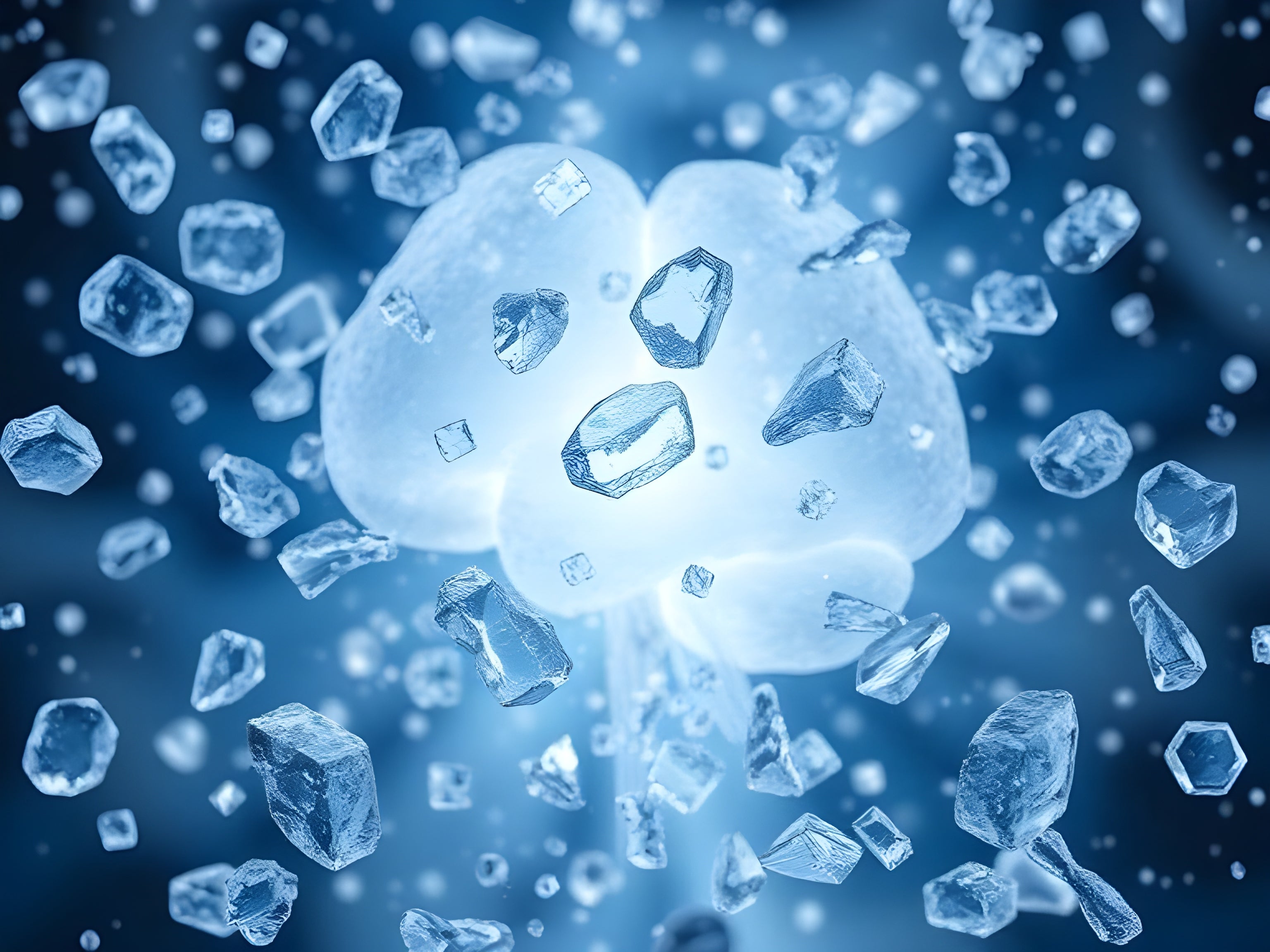 A glowing, calm focus mental flow  surrounded by floating, crystalline ice shards against a deep blue background.