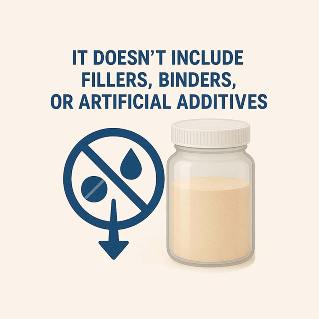 A clear jar filled with powder, accompanied by a symbol indicating no fillers, binders, or artificial additives.