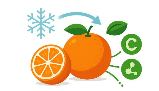 Illustration of an orange with a snowflake and nutrient icons, symbolizing cold-processing methods that preserve Vitamin C and nutrient integrity.