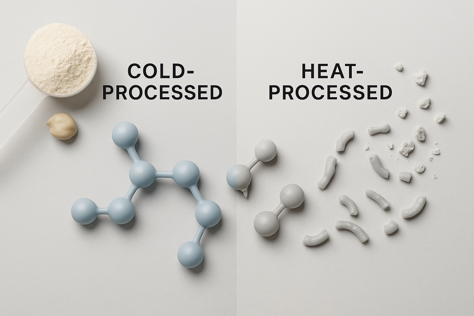 A split image showing cold-processed ingredients with a blue molecular model and soft powder on one side, and heat-processed, crumbled ingredients on the other.