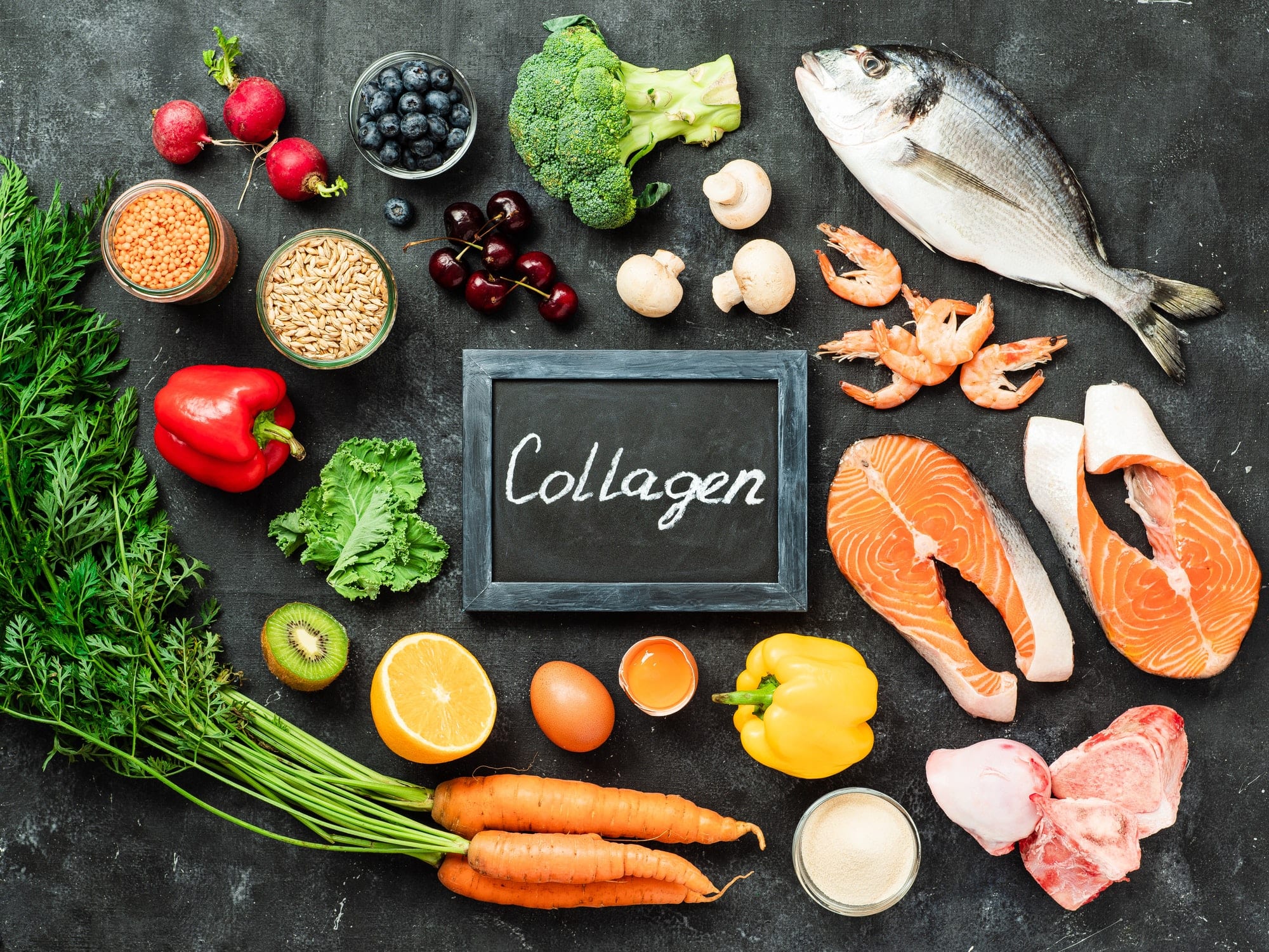 Text 'Collagen' in the center with a background of healthy food.