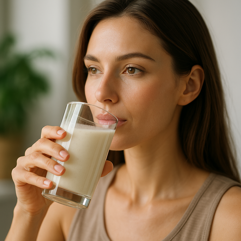 Young woman with glowing skin drinking a collagen peptide beverage in natural sunlight, symbolizing internal collagen support for skin health and appearance.