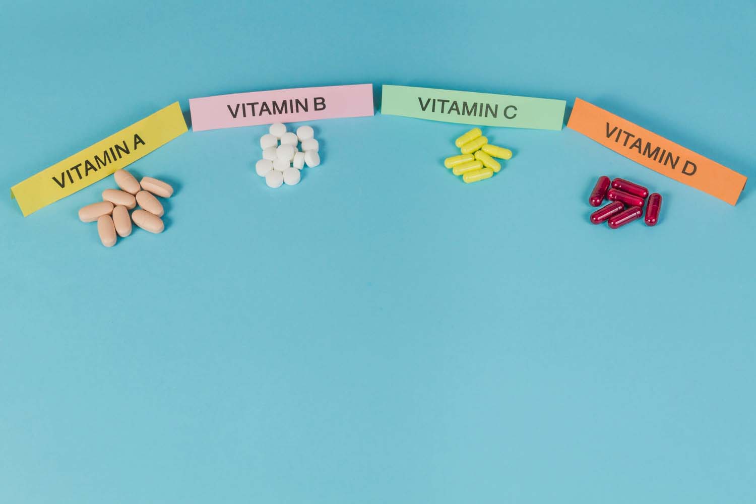 Colorful vitamin capsules and tablets arranged under labeled headers: Vitamin A, B, C, and D on a blue background.