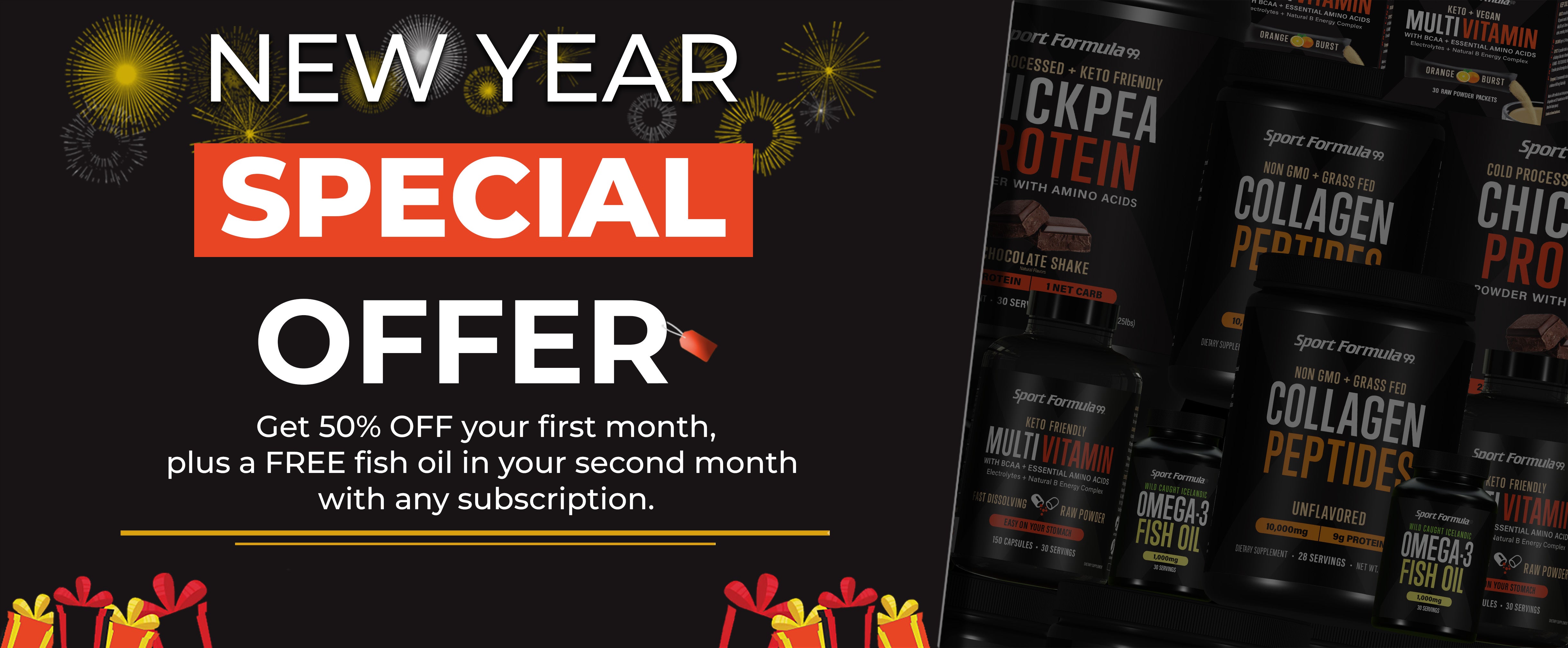 New Year special offer: 50% off first month and free fish oil in the second month with any subscription; featured supplements in background.