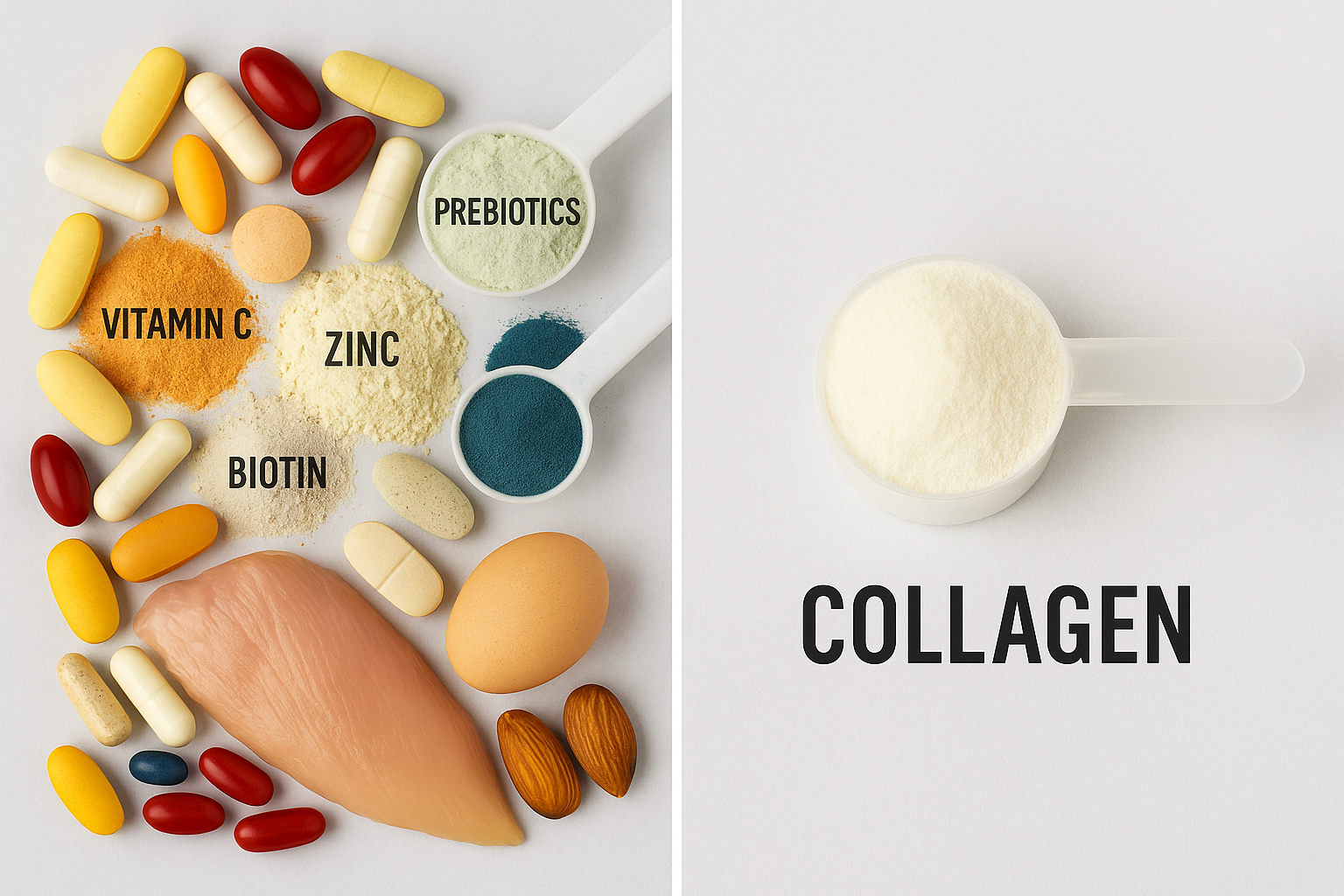 An array of dietary supplements and food sources, including vitamins, minerals, and collagen powder on a clean background.