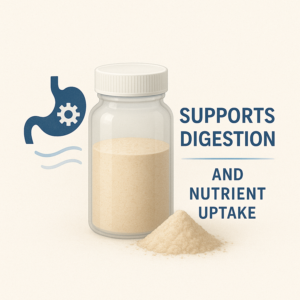 A clear jar of digestive support powder next to a small pile, with text highlighting its benefits for digestion and nutrient absorption.