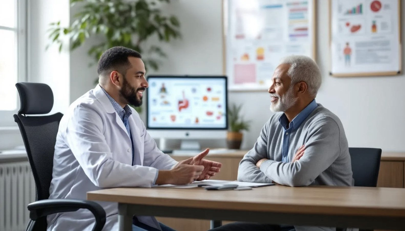 A doctor in a white coat discusses health with a senior man in a gray sweater at a desk, surrounded by medical charts and a computer.