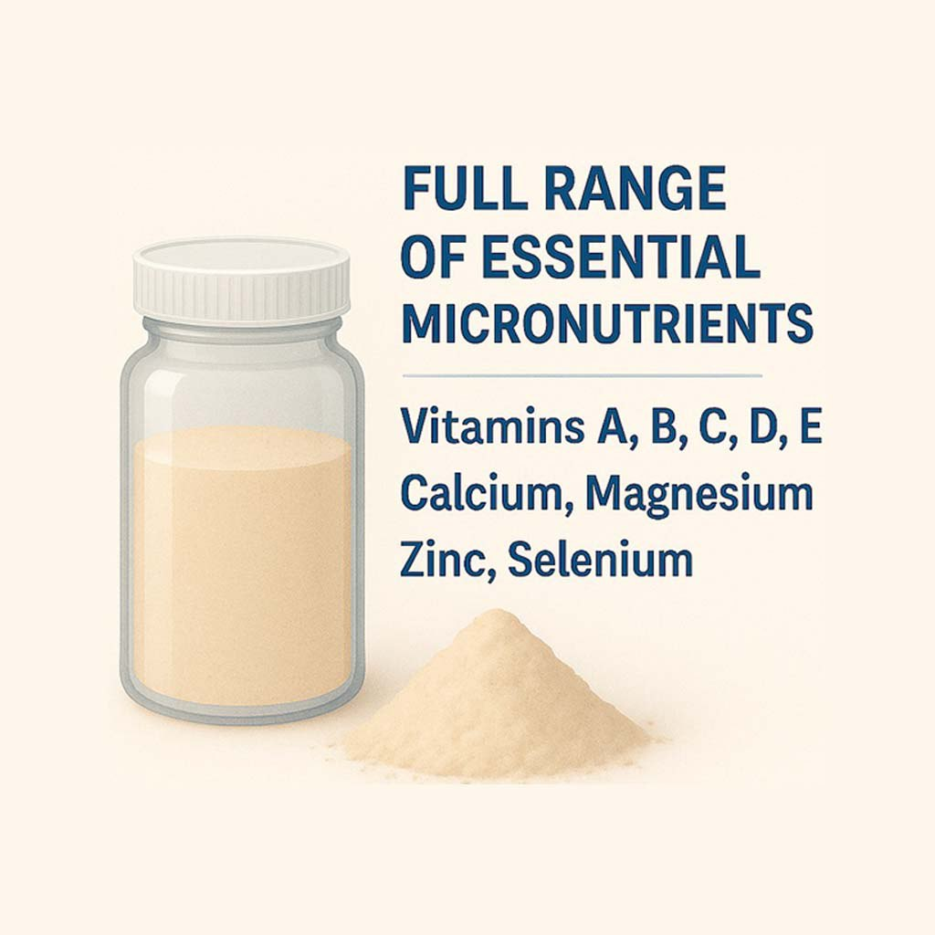 A jar containing a powder of essential micronutrients, with a displayed pile of the powder beside it. Text lists various vitamins and minerals.
