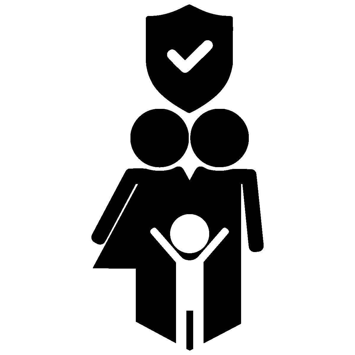Black icon of a person holding a child with a shield above, symbolizing protection.
