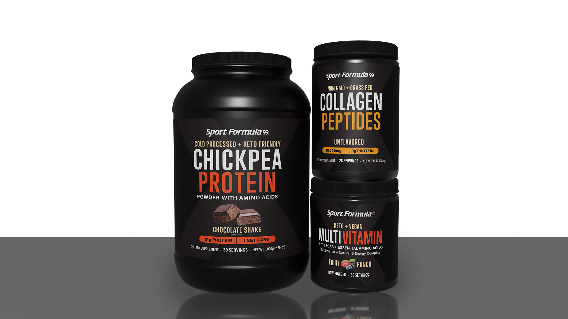 Fast Recovery Bundle showcasing three products: Chickpea Protein, Collagen Peptides, and Vegan Multivitamin in sleek black containers.