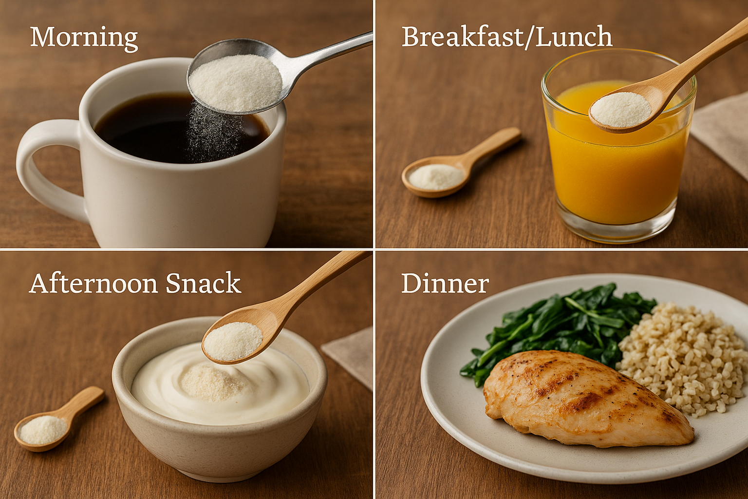 Four meal times depicted: morning coffee, orange juice for breakfast, yogurt for snack, and a plated dinner with chicken, spinach, and rice.