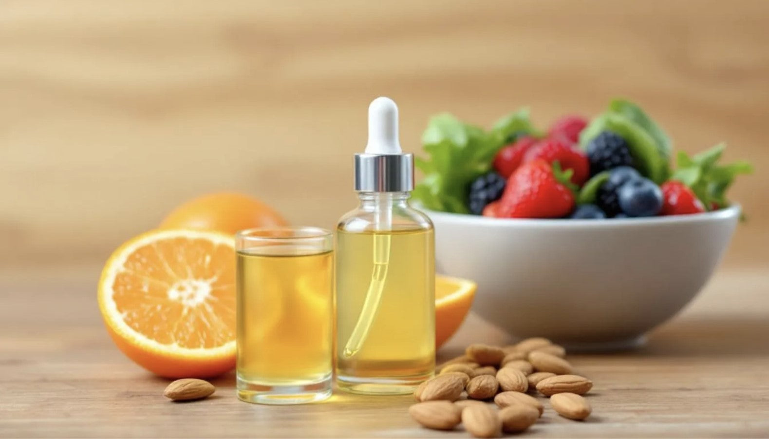 A glass dropper bottle and shot glass of oil next to fresh almonds, a halved orange, and a bowl of mixed berries and greens.