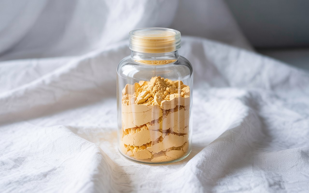 Glass jar filled with light orange multivitamin powder layered inside, placed on a textured white fabric background.