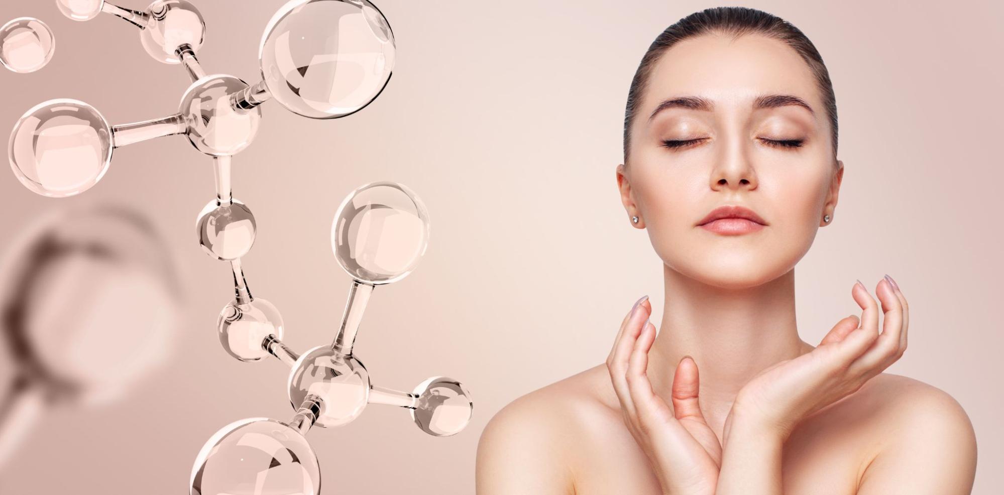 Abstract glassy molecular structures floating near the face of a sensual woman, symbolizing science and beauty