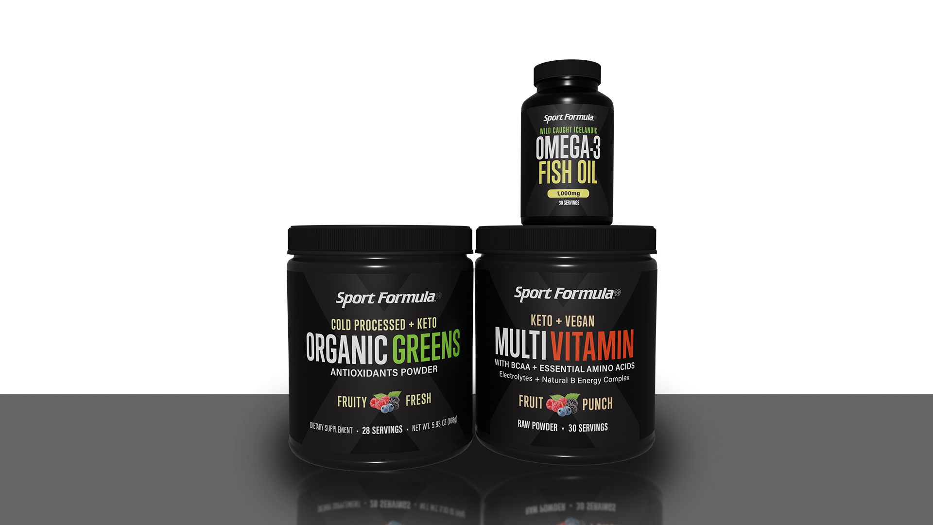 Image of the Immune Health Bundle featuring Organic Greens powder, Keto Vegan Multivitamin, and Omega-3 Fish Oil bottle.