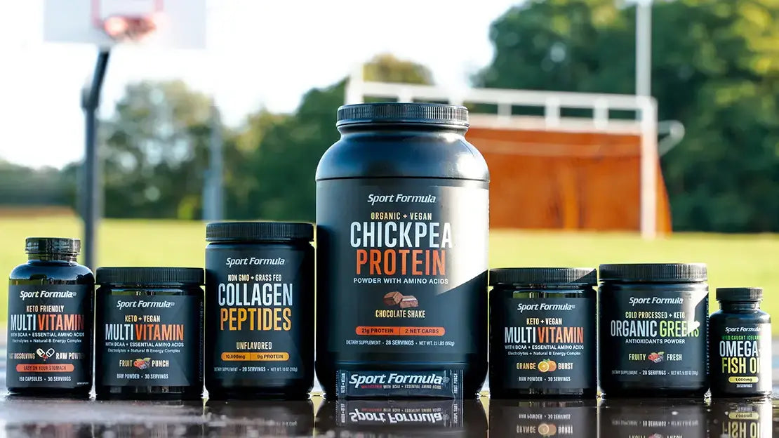 Sport formula products including multivitamin capsules, fruit punch tub, orange burst tub, collagen peptides, chickpea protein, organic greens, and omega fish oil