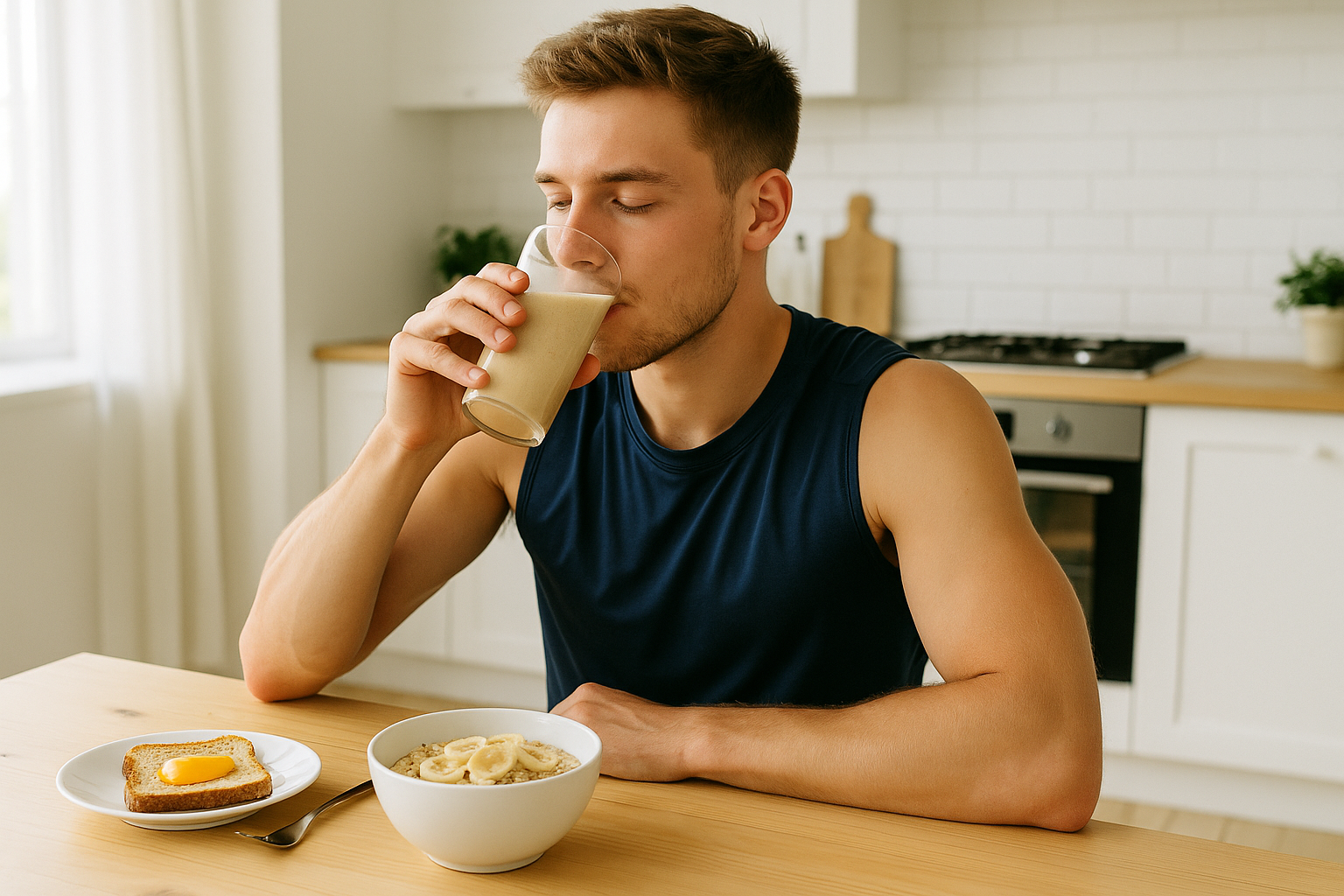 A man in a sleeveless shirt enjoys breakfast, sipping a drink while seated at a wooden table with oatmeal and toast.