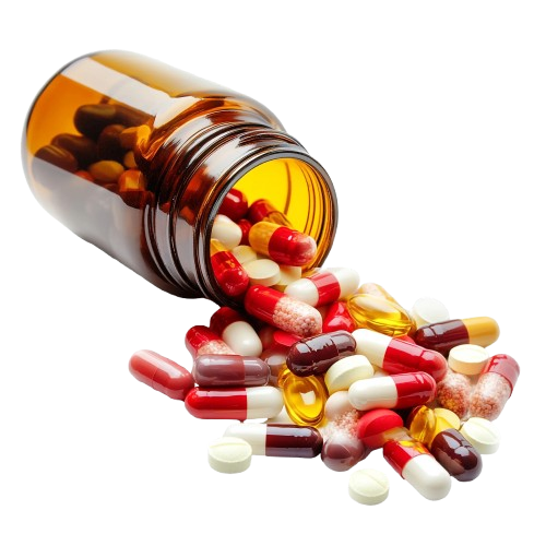 An amber glass bottle tipped over, spilling assorted colorful capsules and tablets, symbolizing various types of vitamins or supplements.