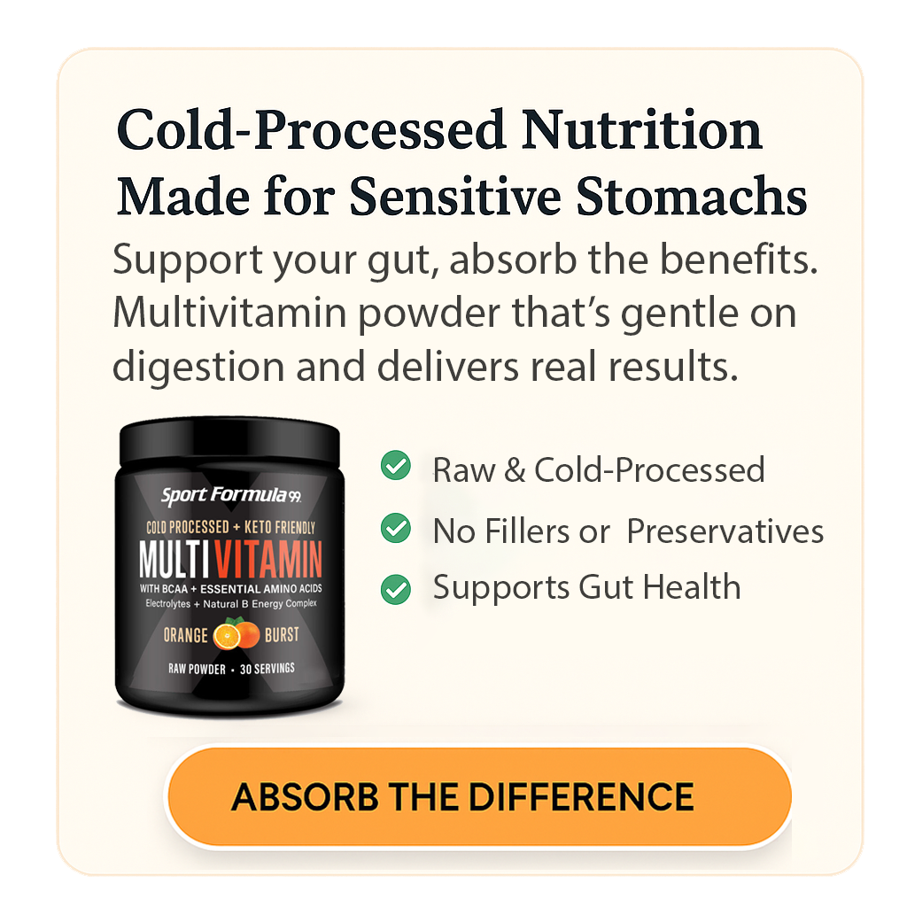 A multivitamin powder container promoting cold-processed nutrition for sensitive stomachs, highlighting benefits and key features.