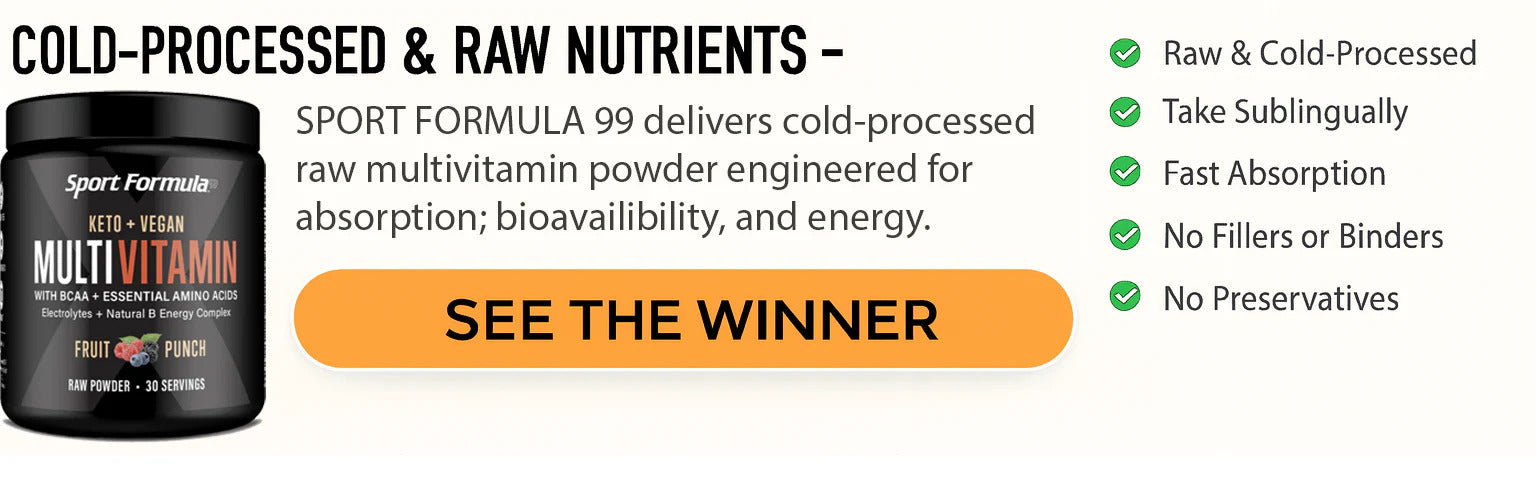 Multivitamin powder container with product details and benefits on a white background