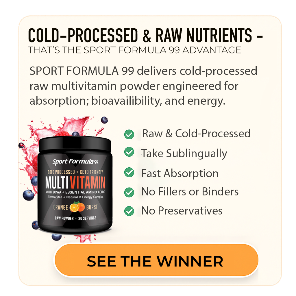 Multivitamin powder container with product details on a light beige background