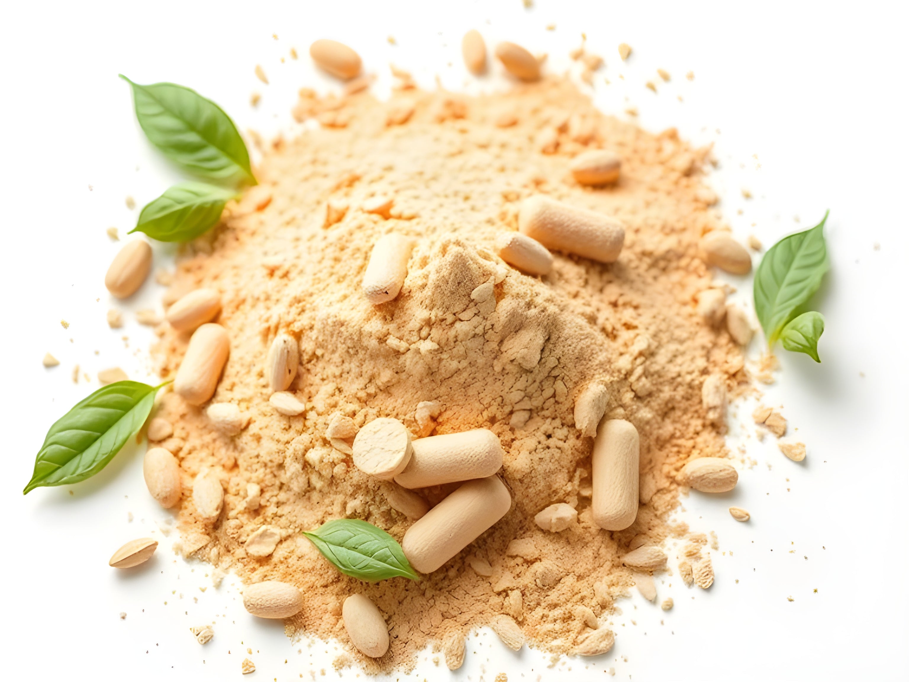 A mound of orange powder multivitamin with powdered pills and green basil leaves scattered on a white background, depicting natural supplements or herbal remedies.