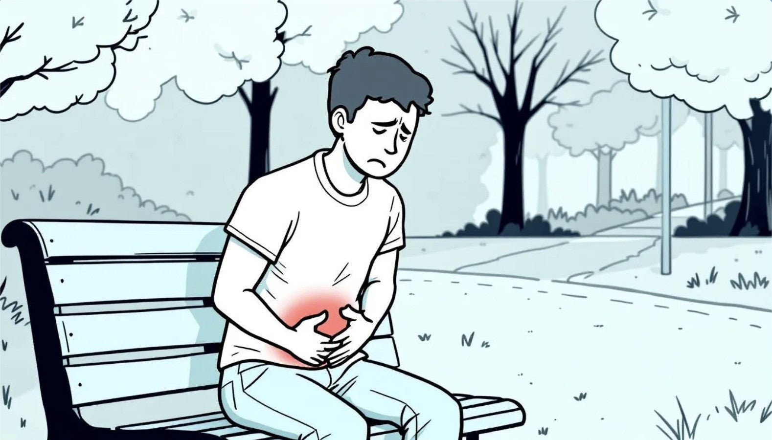 A person sits on a park bench, holding their stomach, indicating discomfort amidst a serene, tree-lined setting.