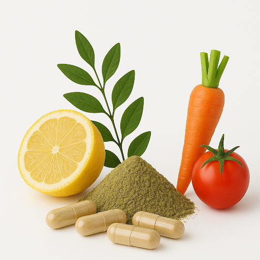 Powdered raw vitamins displayed alongside supplement capsules, a lemon half, carrot, tomato, and green leaves on a clean white background, symbolizing whole food nutrition. 