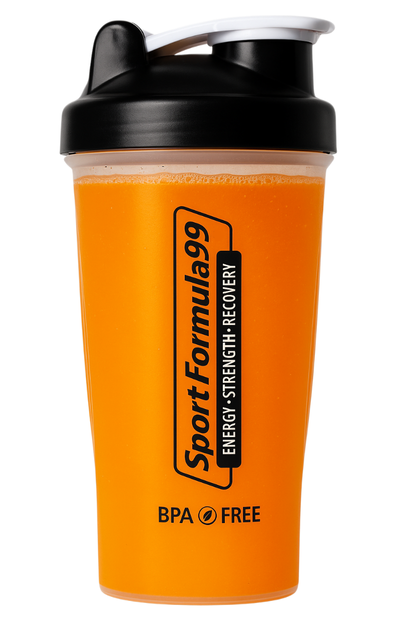 A clear shaker bottle filled with bright orange drink, labeled Sport Formula 99 with notes on energy, strength, and recovery.