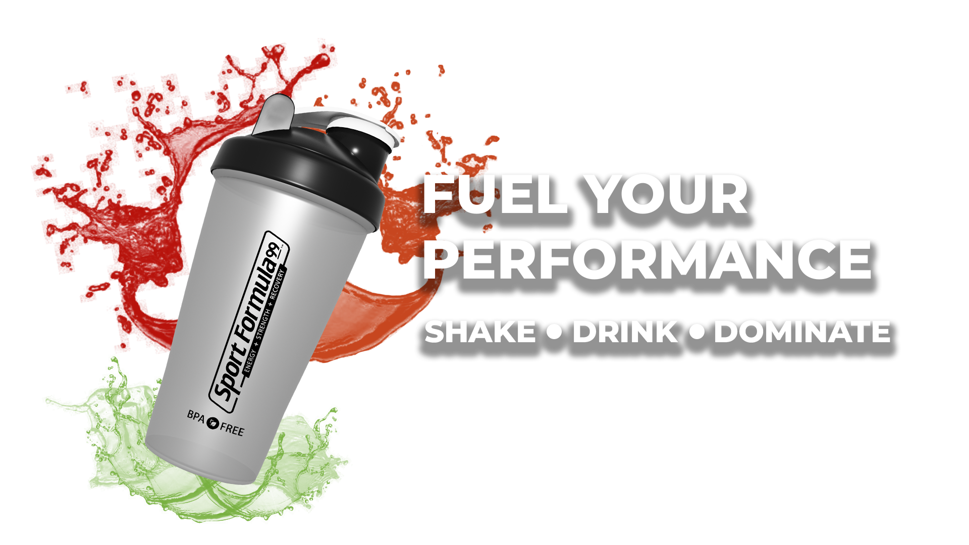 A shaker bottle with Sport Formula 99 logo, surrounded by colorful splashes, promoting energy and performance with the slogan Fuel Your Performance.