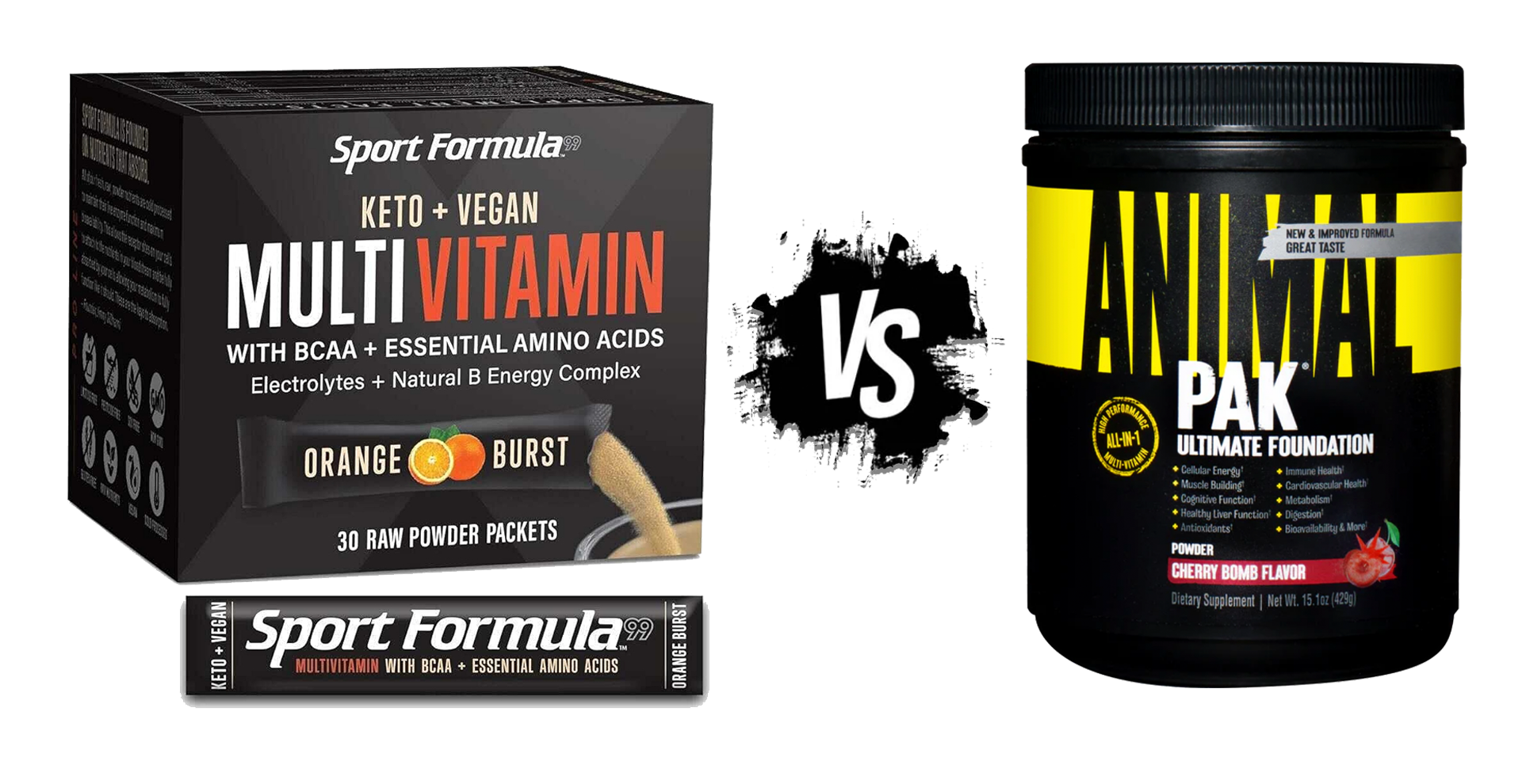 Comparison of Sport Formula Multi Vitamin packaging with Animal Pak supplement container on a white background.